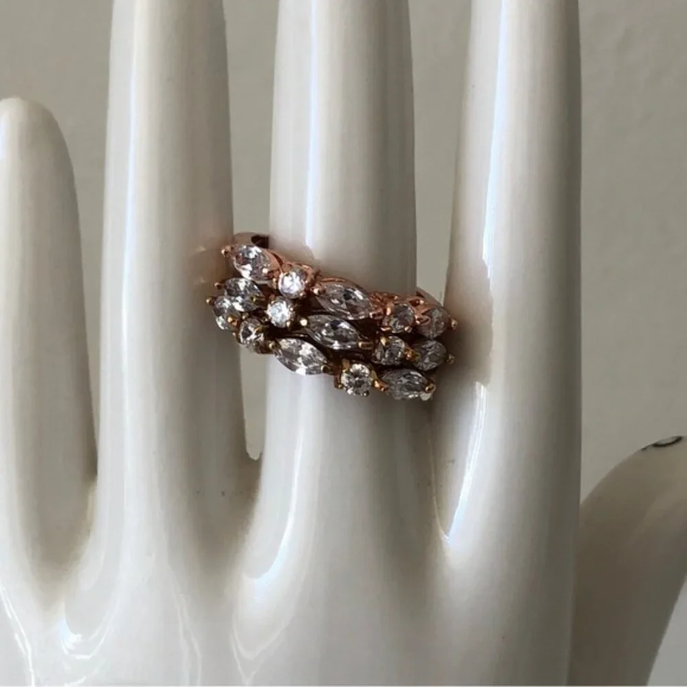 Set of 3 Cocktail rings Gold Plated Color w SZ Clear Mix Shape Sones Sz.8